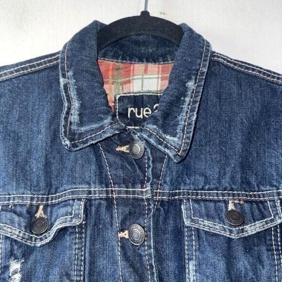 Rue21 Distressed Medium Wash Denim Jacket L/S Rip Torn Style Plaid Lining Size M - Picture 3 of 10